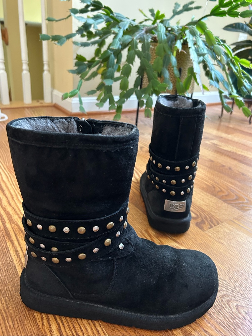 UGG black suede, shearling fur, studded, mid-calf boots